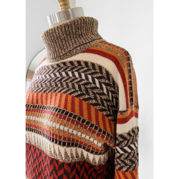 Vintage 70s Saint Laurent Rive Gauche Brown Rust Cream Knit Turtleneck Sweater - Picture 8 of 12